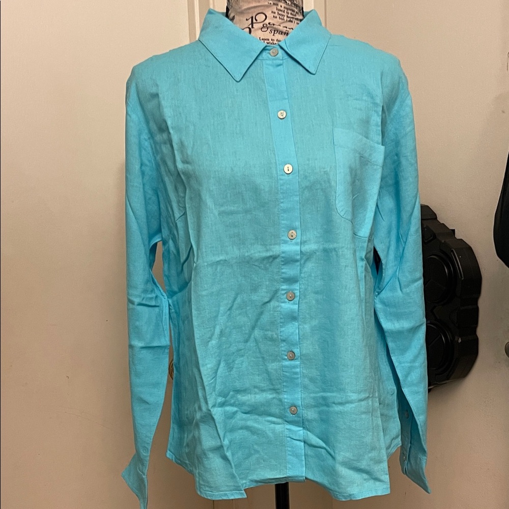 Candace Cameron Bure Linen Blend Turquoise Button-Down Shirt - Picture 2 of 5